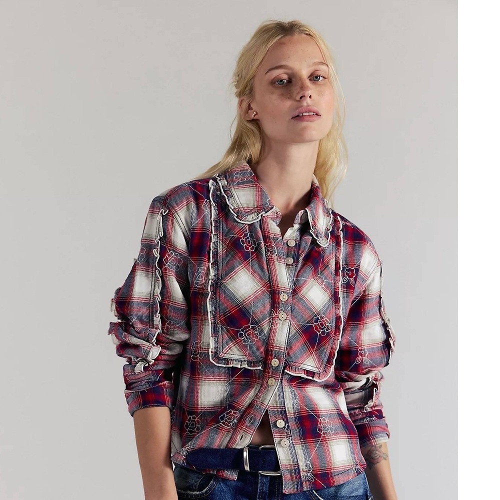 NWOT We The Free People Georgia Plaid Embroidered Button Down Ruffle Shirt S